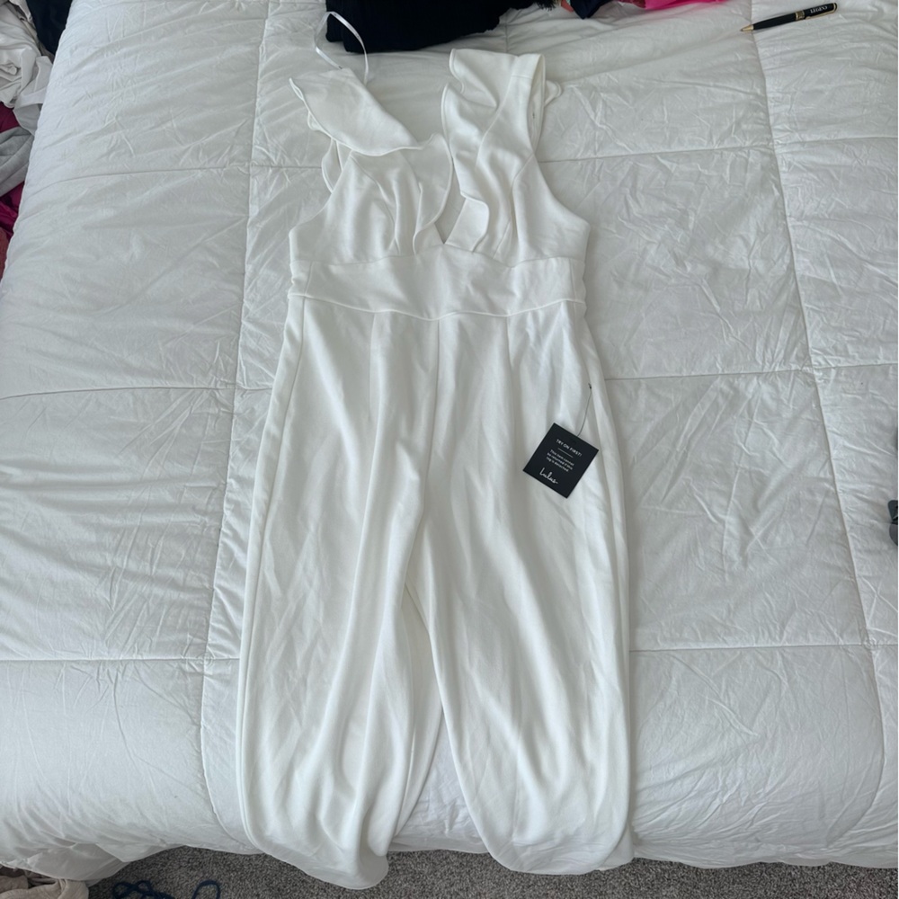 Lulu's White Ruffled Strap Jumpsuit
